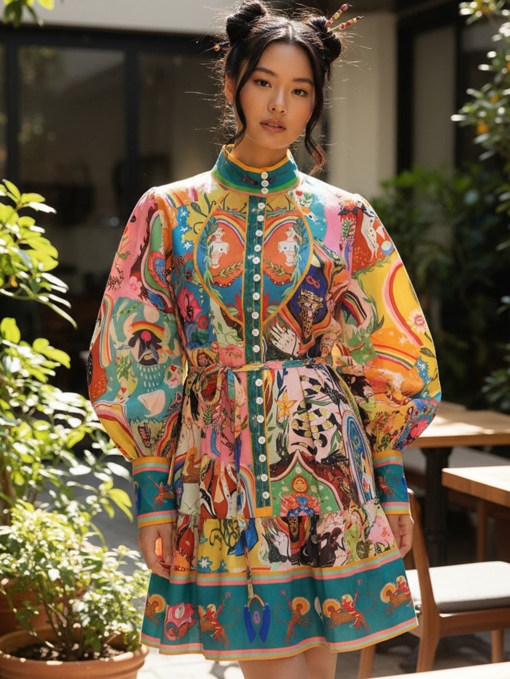 Boho Vibrant Multi-Color Ruffle Hem Balloon Sleeve Dress- XL